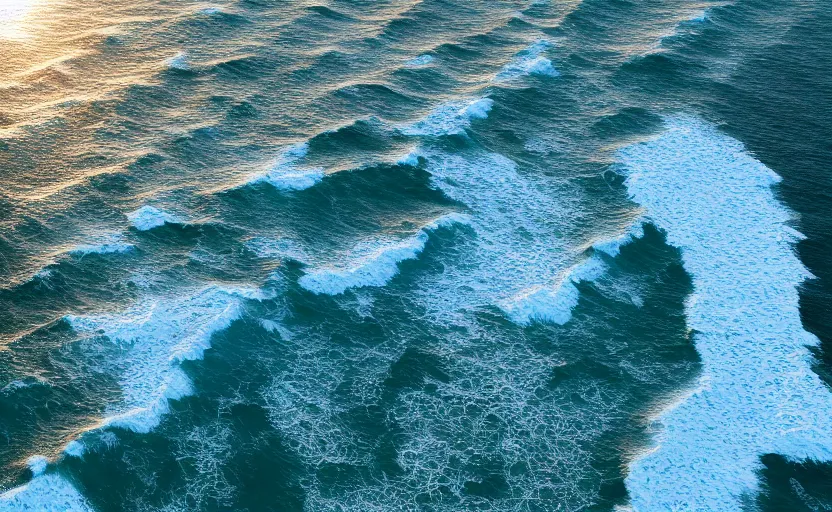 Image similar to top view on ocean waves at sunset, global illumination, highly detailed, 8 k