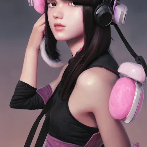 Image similar to a girl with pink and black hair wearing earmuffs and with bionic eyes, digital art, 8 k resolution, unreal engine, highly detailed, very detailed eyes, photorealistic by wlop, greg rutkowski