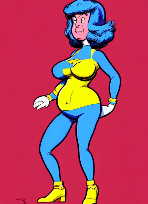 Prompt: the protagonist's mother, jolly, zaftig figure, plump, 1 9 8 0 s fashion, artgerm, artstation trending, archie comics and don bluth animation, in the style of jack kirby and alex toth, quixel megascan, digital 2 d, painterly style, flat illustration, high contrast