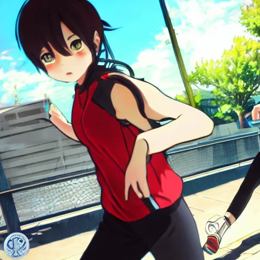 Prompt: anime style, gta 5, girl is running, red sport clothing, marathon race, brown short hair, hair down, symmetrical facial features, from arknights, hyper realistic, rule of thirds, extreme detail, detailed 4 k drawing, safebooru, realistic lighting, by alphonse mucha, greg rutkowski, noise filtered, sharp focus, backlit