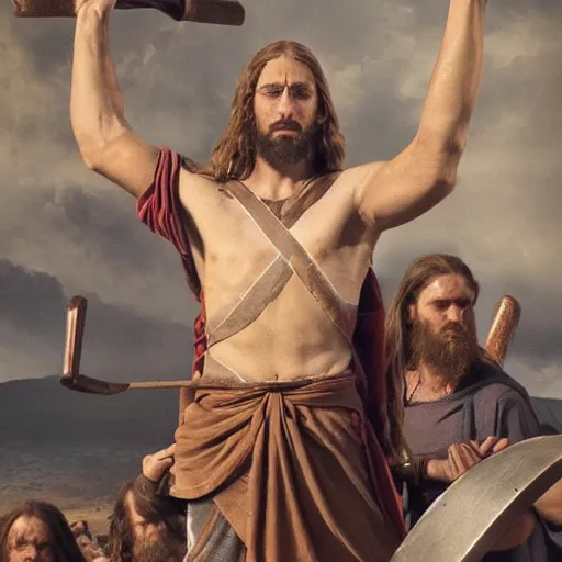 Prompt: Jesus Christ as a viking holding a battleax yelling and raising his arms, 8k, hyperrealistic, professional photography, epic composition