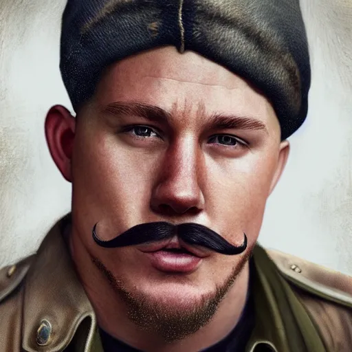 Prompt: portrait of channing tatum with handlebar moustache, wearing ww 1 clothes, with black furry beanie on head, villages at background, style ivan talavera and artgerm, radiant lighting, hyper realistic, photorealistic, octane render, trending on artstation, cgsociety, cinematic light, global illumination