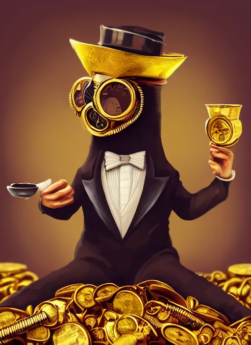 Prompt: athropomorphized rich penguin capitalist sitting on pile of gold, wearing steampunk top hat, goggles, drinking tea, in the style of craola, macro lens, shallow depth of field, highly detailed, digital painting, trending artstation, concept art, illustration, cinematic lighting, vibrant colors, photorealism, epic, octane render, magic the gathering artwork, centered