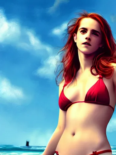 Image similar to highly detailed Red-haired beauty Emma Watson in a bikini , mid-shot ,pixiv , digital Art