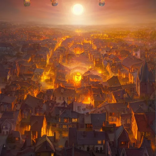 Prompt: aerial view of a medieval town lit by a glowing orb hanging in the sky. by alan lee by peter mohrbacher, trending on artstation sharp focus vfx key shot