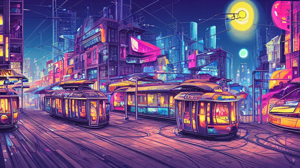 Image similar to street view of the city at night by cyril rolando and naomi okubo and dan mumford and zaha hadid. flying cars. advertisements. neon. tram.