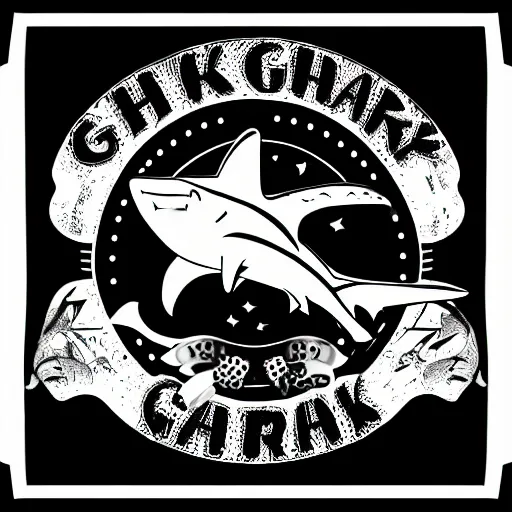 Image similar to Shark and guitar, roses and coins on the background logo, black and white