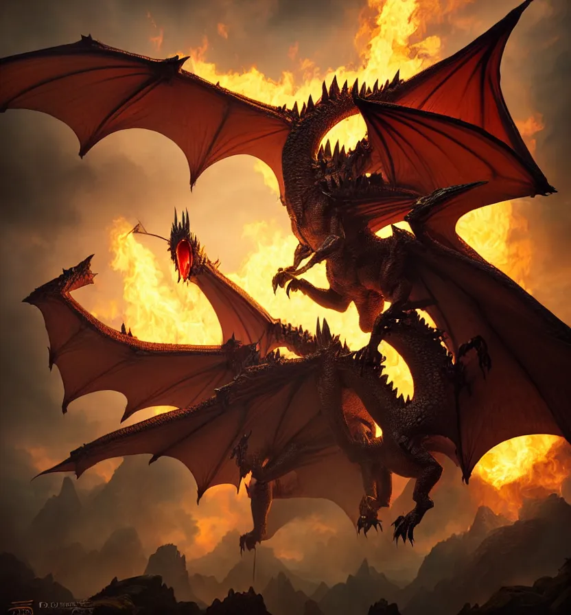 Image similar to fantasy creature setting, a flying dragon with huge wings, scales, smoke, fire by andreas rocha, peter mohrbacher, monster hunter rise 8 k 3 d photoreal rich detail photography