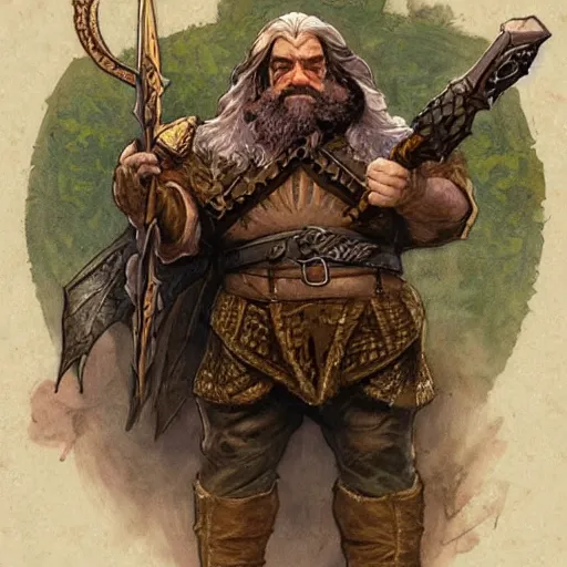 Image similar to Dwarven ranger. Epic portrait by james gurney and Alfonso mucha (lotr, witcher 3, dnd, dragon age, gladiator, scoia'tael).