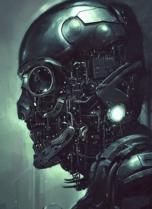 Image similar to metal skull half covered face with cybernetic enhancements as seen from a distance, scifi character portrait by greg rutkowski, esuthio, craig mullins, 1 / 4 headshot, cinematic lighting, dystopian scifi gear, gloomy, profile picture, mechanical, half robot, implants, solarpunk