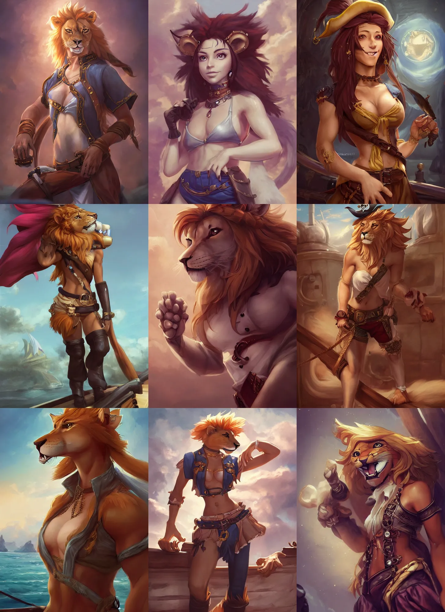 Prompt: beautiful portrait of a female anthropomorphic lioness fursona dressed as a pirate captain on a pirate ship. exposed midriff and muscular abs. character design by charlie bowater, ross tran, artgerm, and makoto shinkai, detailed, soft lighting, rendered in octane