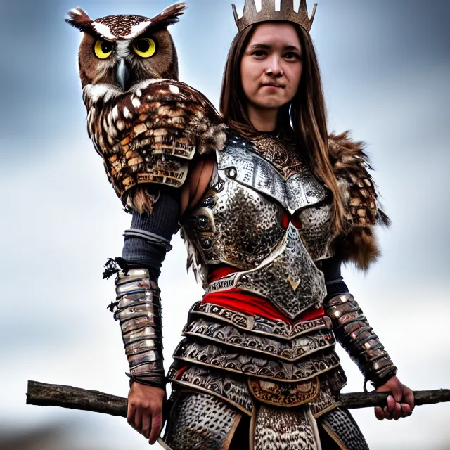 Image similar to full body photo of a beautiful cute strong warrior queen wearing owl armour, highly detailed, 8 k, hdr, smooth, sharp focus, high resolution, award - winning photo