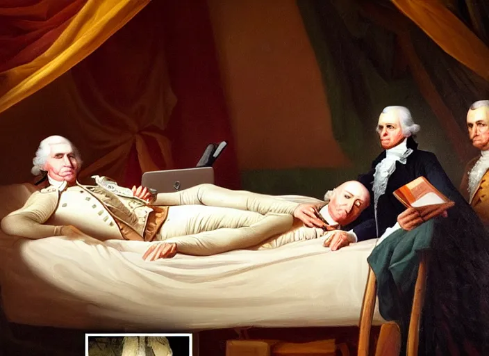 Image similar to oil painting Life of George Washington Deathbed but everyone is looking at glowing iPhones