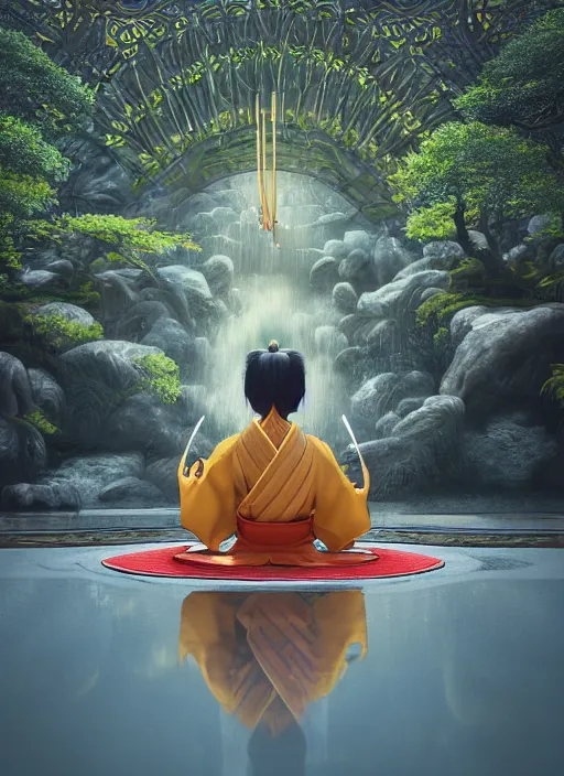 Prompt: intricately detailed, samurai meditating by a serene reflection pool, feudal japan, intense, vivid complementary colors, beautiful linework, octane render, professional concept art by jonathan hickman, miyamoto mushashi, ghibli, alphonse mucha, reads, ross tran, rutkowski, grenier, octane render, marvel, dc, dnd, cinematic, golden ratio