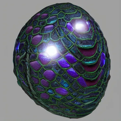 Prompt: a highly decorated dragon scale egg, photorealistic, symmetrical, unreal engine