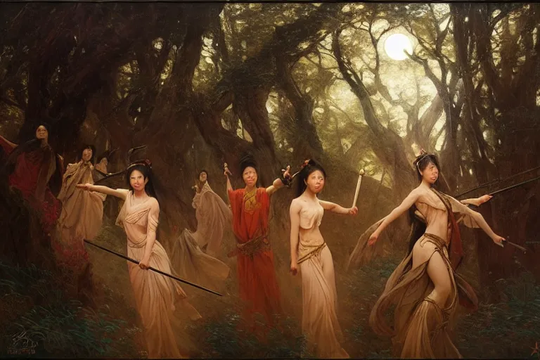 Image similar to wuxia, forest, moonlight, painting by gaston bussiere, craig mullins, j. c. leyendecker, artgerm, agostino arrivabene, vanessa beecroft, ankazhuravleva