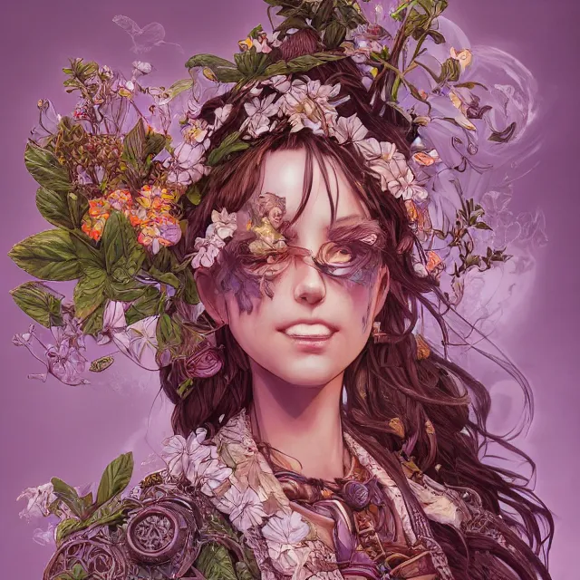 Image similar to the portrait of chaotic good female druid botanist as absurdly beautiful, gorgeous, elegant, young gravure idol, an ultrafine hyperdetailed illustration by kim jung gi, irakli nadar, intricate linework, sharp focus, bright colors, octopath traveler, final fantasy, unreal engine 5 highly rendered, global illumination, radiant light, detailed and intricate environment