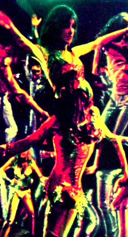 Image similar to the Antichrist dancing at Studio 54, disco, realistic, saturated color, ghosts in the background, high contrast, strobe lights, sparkles, depth of field, 1976, bad VHS