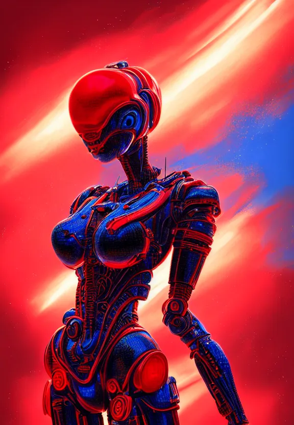 Prompt: ultra realist intricate detailed painting of a single attractive alien female, red sky, red and blue lighting, full body, curvy, black scales and cyborg tech, symmetry accurate features, very intricate details, focus, 8k render, artstyle Hiraku Tanaka, award winning