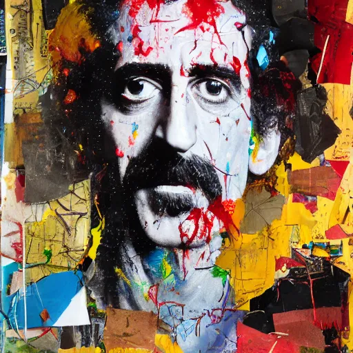 Prompt: hyperrealistic, photorealistic, mixed media oil painting of frank zappa, magazine scraps, plaster, blood, oil, mustard, splatter, greg rutkowski, basquiat, ralph steadman, wesley kimler, terry gilliam, andy warhol, dali