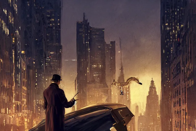 Image similar to portrait detective wearing a trench coat in profile smoking a sherlock holmes pipe on a perch facing the city at night, smooth, focus, highly detailed, hyper realistic, dramatic lighting, intricate, concept art, new york skyline, looking down, art by wlop, greg rutowski, artstation