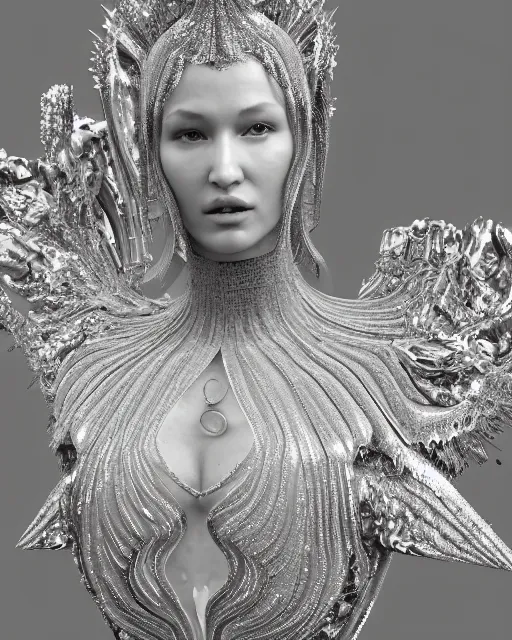 Prompt: a highly detailed metahuman 4 k close up render of a bella hadid as archangel monument renaissance in iris van herpen dress schiaparelli in diamonds crystals swarovski and jewelry iridescent in style of alphonse mucha gustav klimt trending on artstation made in unreal engine 4