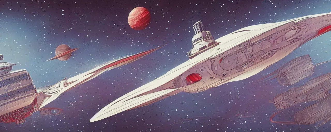 Image similar to illustration of a retro sci fi spaceship. the ship is white with two red stripes. Landscape image of a spaceship with a planet and stars in the background. Moebius. digital painting. extremely detailed science fiction art. high resolution image.