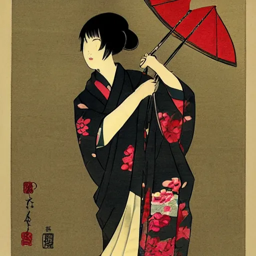 Image similar to a woman in a kimono holding an umbrella, an anime drawing by Kaburagi Kiyokata, featured on pixiv, shin hanga, hellish background, pixiv, official art