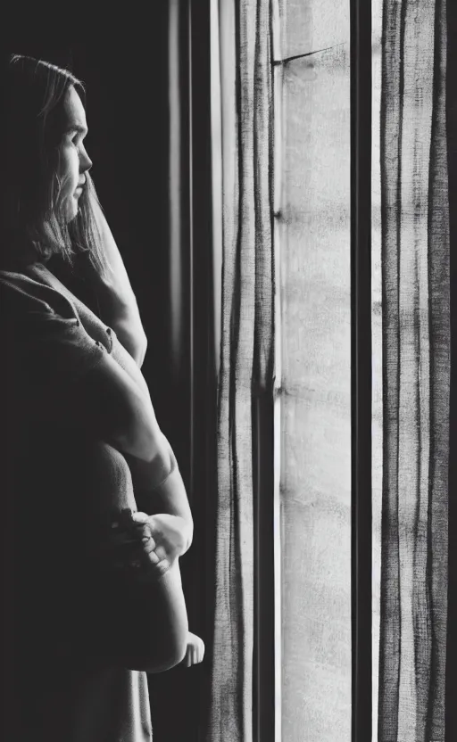 Image similar to a beautiful photograph of a woman standing in a dark room next to a window on a sunny day, dramatic composition