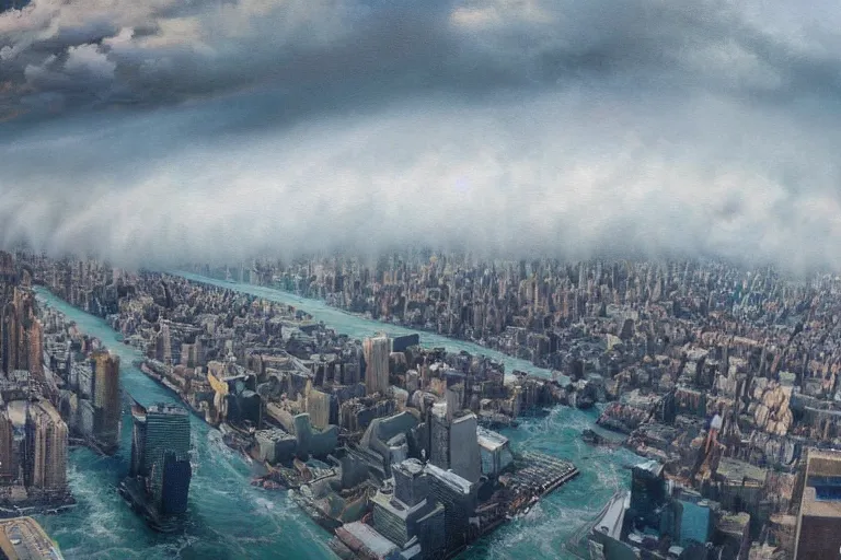 Image similar to tidal wave crashing over manhattan, bird's eye view, wide shot, cinematic, realistic style painting