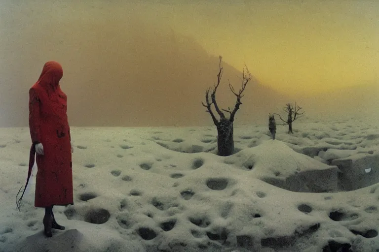 Image similar to a surrealist painting of a lonely woman with pale skin and red hair, standing over pile of bodies in post apocalyptic snowy landscape, painted by zdzisław beksinski