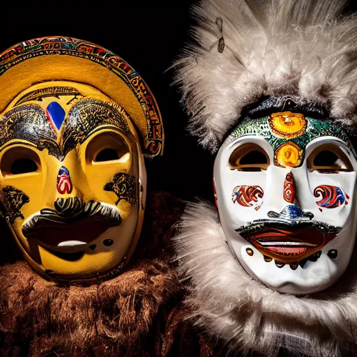 Prompt: portrait photography of tyrolean folklore masks, studio lighting, by Annie Leibovitz, fujifilm x100v, s1.4, 8k, high quality