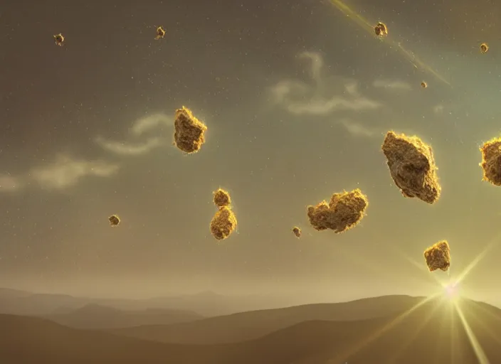 Image similar to a photo of small blobs of interdimensional fractal creatures falling from the sky like comets in the distance, on a bright day, a vast landscape with lush hills, dust particles, natural lighting, natural color palette, awe inspiring, wide angle, cinematographic, subtle lens flare