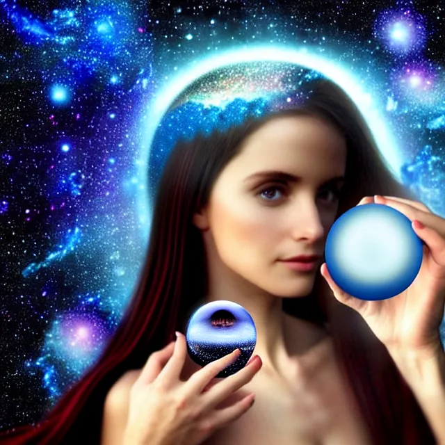 Prompt: beautiful!! mystic with a crystal ball that has a galaxy inside artgerm anne stokes highly detailed 8 k hdr smooth sharp focus high resolution award - winning photo photorealistic