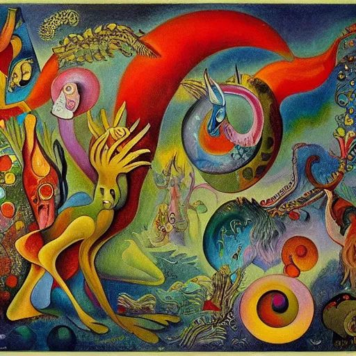 Image similar to strange mythical beasts of whimsy, surreal oil painting by ronny khalil and kandinsky, drawn by ernst haeckel, as an offering to zeus