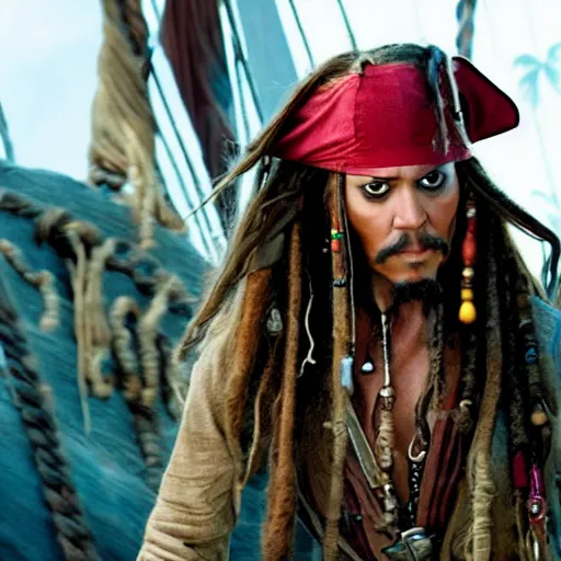 Image similar to Tom Holland playing jack sparrow in pirates in the Caribbean