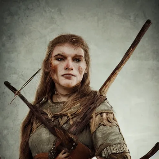 Image similar to a portrait of a female Viking warrior, rustic and weathered, holding a bow, retro, with a scar on her face. trending on artstation, ambient lighting, 4k render, ultra hd, behance art