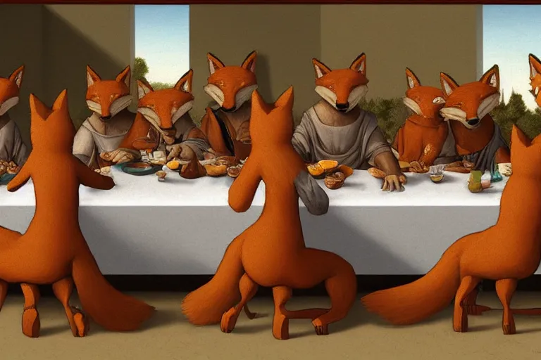 Prompt: The Last Supper with anthropomorphic foxes by Da Vinci, furry art, furaffinity, foxes