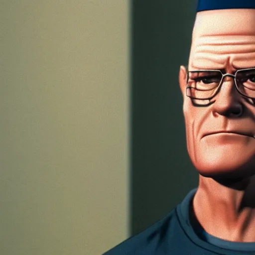 Image similar to Live Action Still of Hank Hill in Breaking Bad, real life, hyperrealistic, ultra realistic, realistic, highly detailed, detailed, very detailed, cool, ultra detailed, very realistic, trending on artstation, epic, HD quality, 8k resolution, body and headshot, film still, real, detailed face, very detailed face, real life, front face, front view, dramatic lighting, real