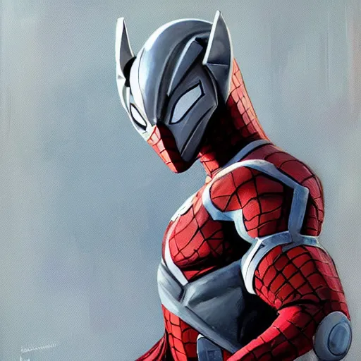 Image similar to greg manchess portrait painting of armored spiderman ultraman grey fox from metal gear cyborg japanese - american hybrid as overwatch character, medium shot, asymmetrical, profile picture, organic painting, sunny day, matte painting, bold shapes, hard edges, street art, trending on artstation, by huang guangjian and ail elvgren and sachin teng