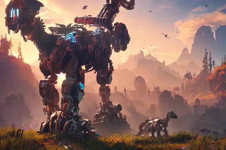 Image similar to scrapper machine mecanical creature robot of horizon forbidden west horizon zero dawn radiating a glowing aura global illumination ray tracing hdr fanart arstation by ian pesty and alena aenami artworks in 4 k