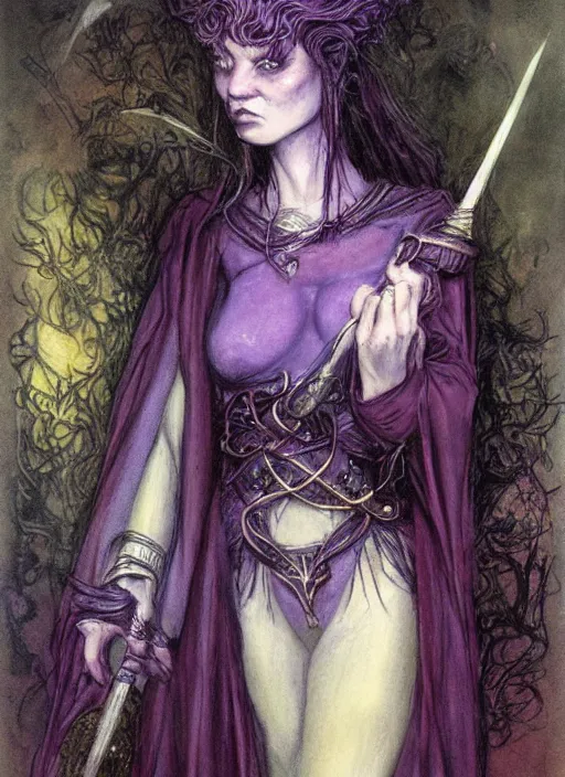 Image similar to portrait of young female sorceress of the endtimes, beautiful! coherent! dungeons and dragons character, by brian froud, strong line, night color, high contrast