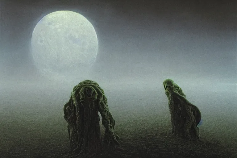 Image similar to Cthulhu on lunar horizon by Zdzislaw Beksinski, photorealistic, 35mm, highly detailed