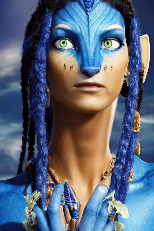 Prompt: photograph of a blue-skinned female navi from avatar, high resolution film still, 8k, HDR colors, cosplay, studio lighting, photo by bruce weber