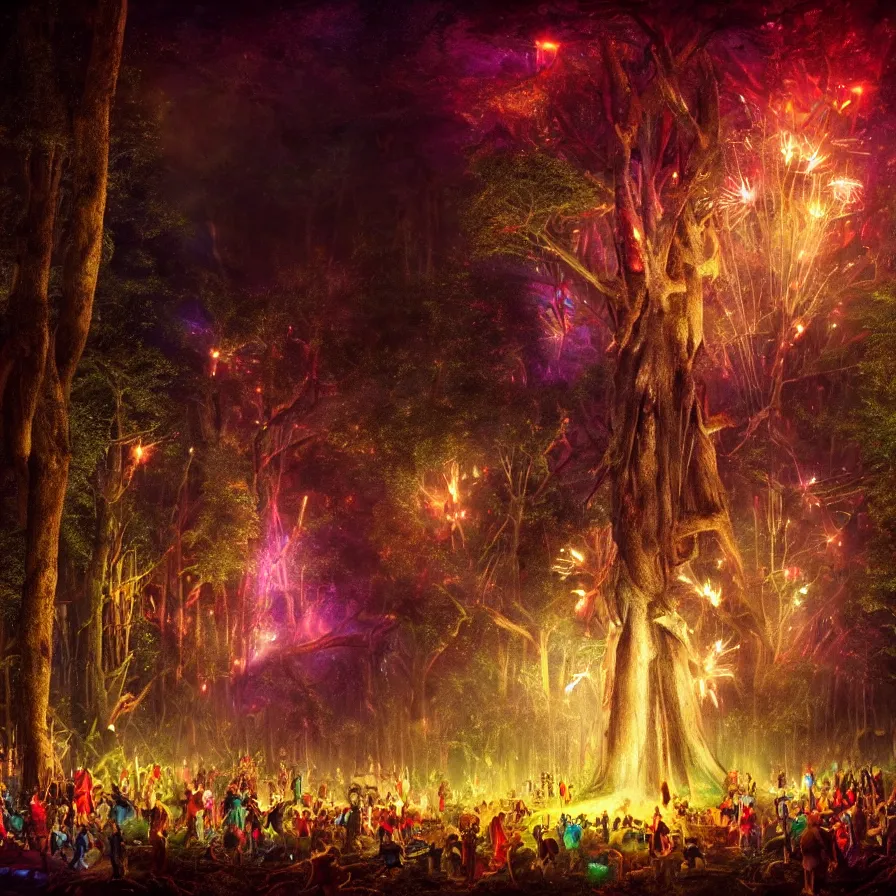 Image similar to closeup of a night carnival inside a tree cavity in a magical forest in the middle of a summer storm, with a music scenario with many fireworks and christmas lights, volumetric lightning, instense god rays in the sky, folklore people disguised with fantastic creatures in a magical forest by summer night, masterpiece painted by greg rutkowski, scene by dark night environment, refraction lights,