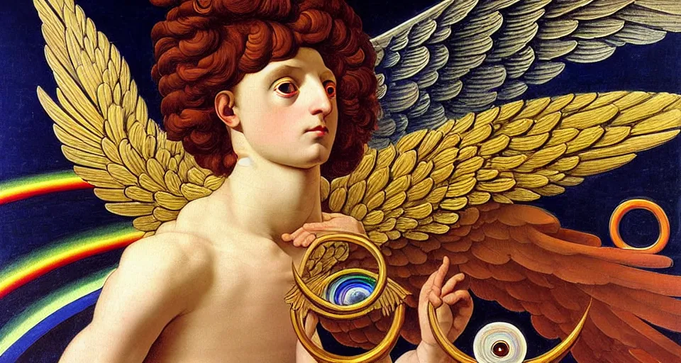 Prompt: painting of rainbow ophanim surrounded by large diagonally rotating rings, ophanim has bird wings, giant eyeball in the middle of the ophanim, by roberto. ferri, sandro botticelli, by caravaggio, by alexandre cabanel, by george clark stanton, amazing details, mythological, biblical, beautiful composition