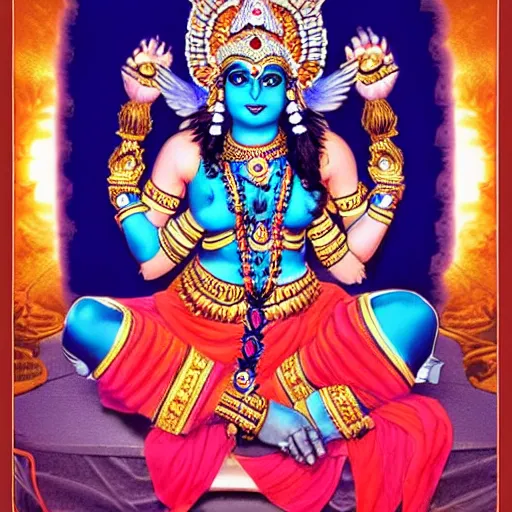 Image similar to blue - skinned indian goddess with six arms, symmetric, aesthetic!!!, cosplay, studio lighting