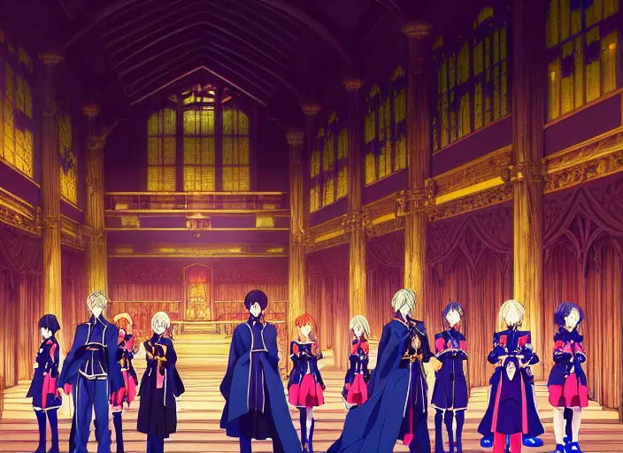Prompt: key anime visual portrait of a castle's main hall interior with throne, servants, nobles, designed by mika pikazo, dynamic pose, dynamic perspective and angle, cinematic, film grain, detailed, intricate, at night, dramatic lighting, colorful, vivid