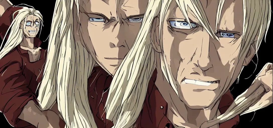 Prompt: white boy with long blonde hair in the style of attack on titan