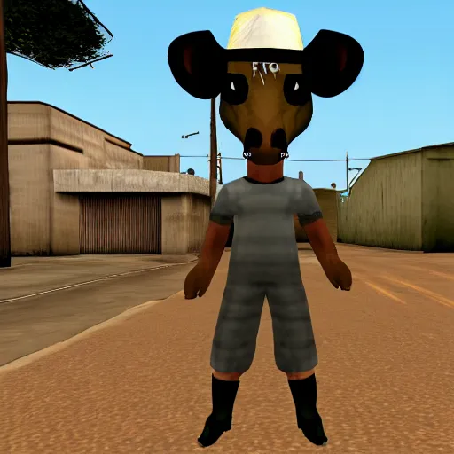 Image similar to a man that looks like a cow, as a character in gta san andreas, screenshot